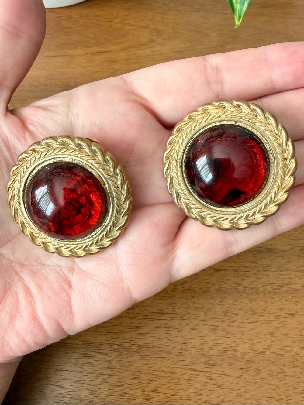 Huge Vintage Amber Topaz Lucite Gold Tone Acrylic Cabochon Earrings Clip-On